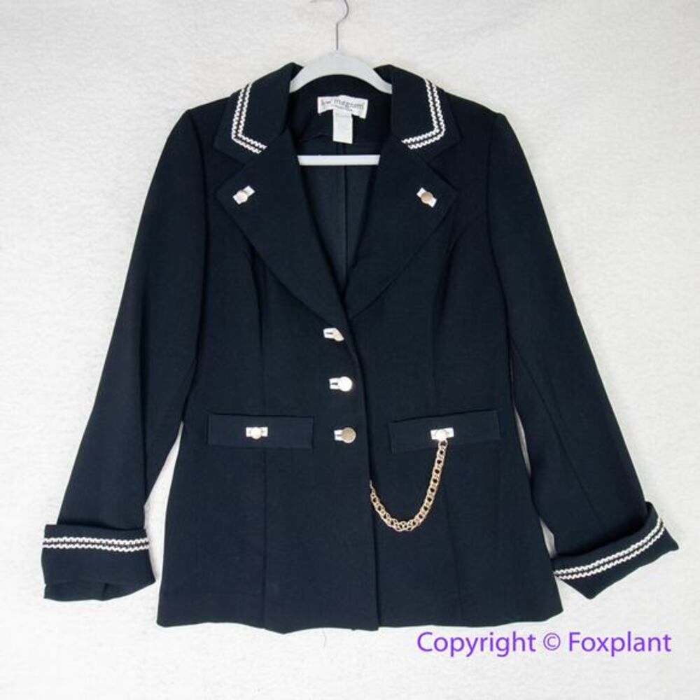 Vintage Lew Magram Collection Blazer ‎ Sz 10 Black Gold Buttons Chain Military